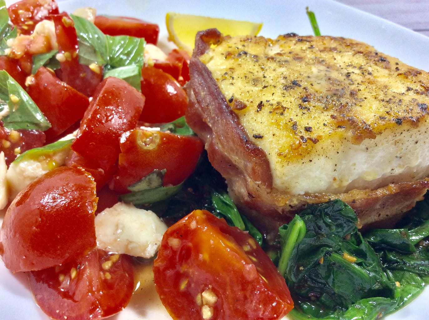 Bacon Wrapped Halibut over Spinach Bacon Wrapped Halibut over Spinach