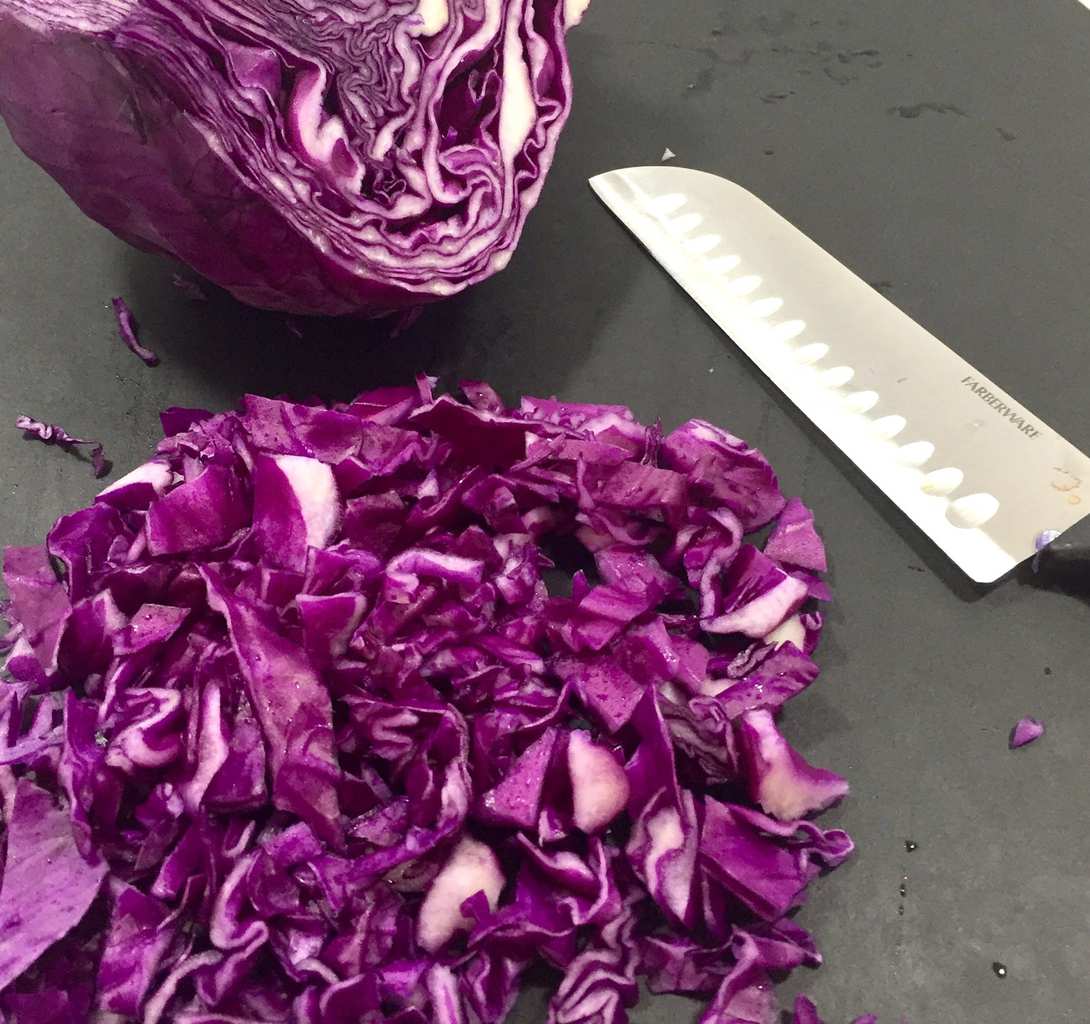 Chopped red cabbage on a cutting board