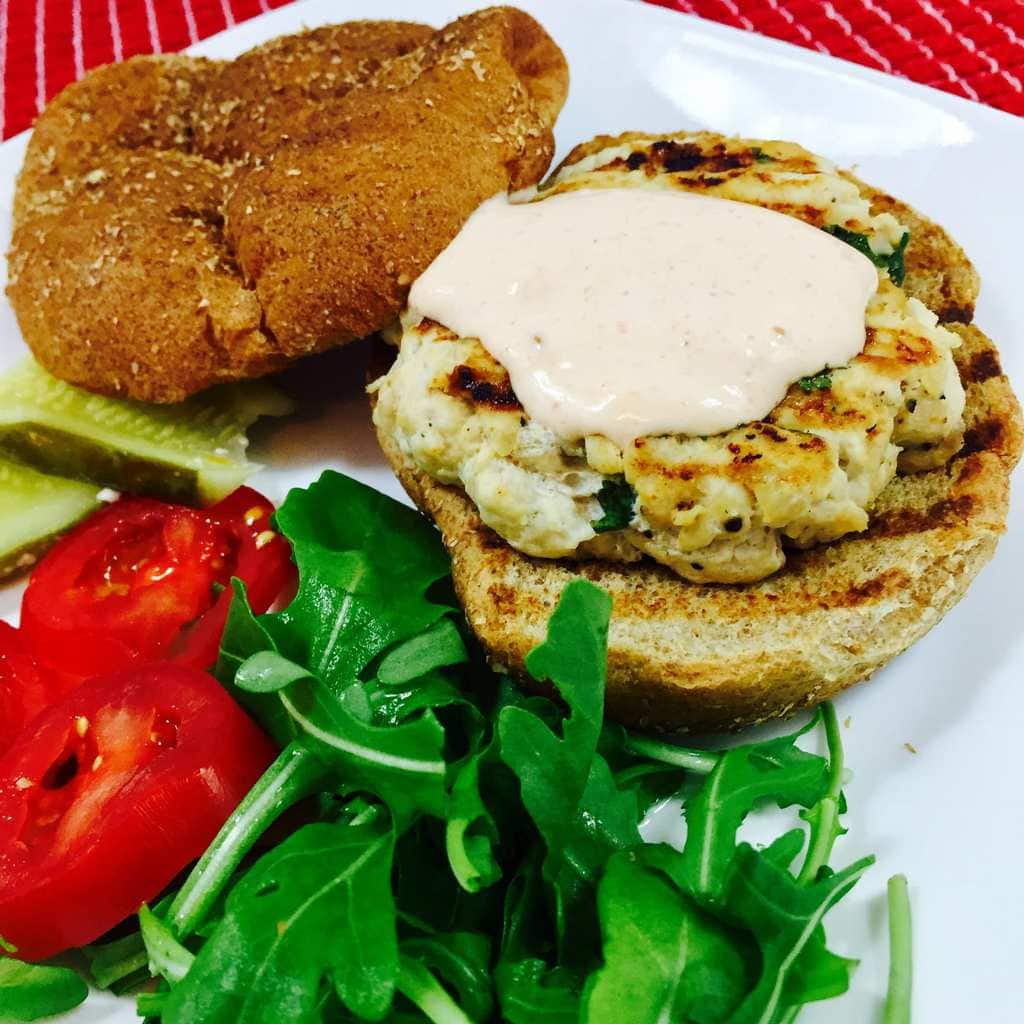 Grilled turkey burger with Sriracha Cream Sauce