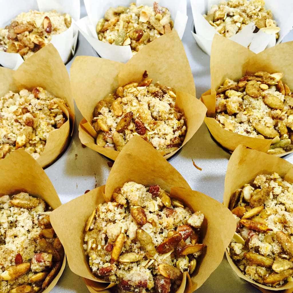 Baked pumpkin pecan muffins in wrappers